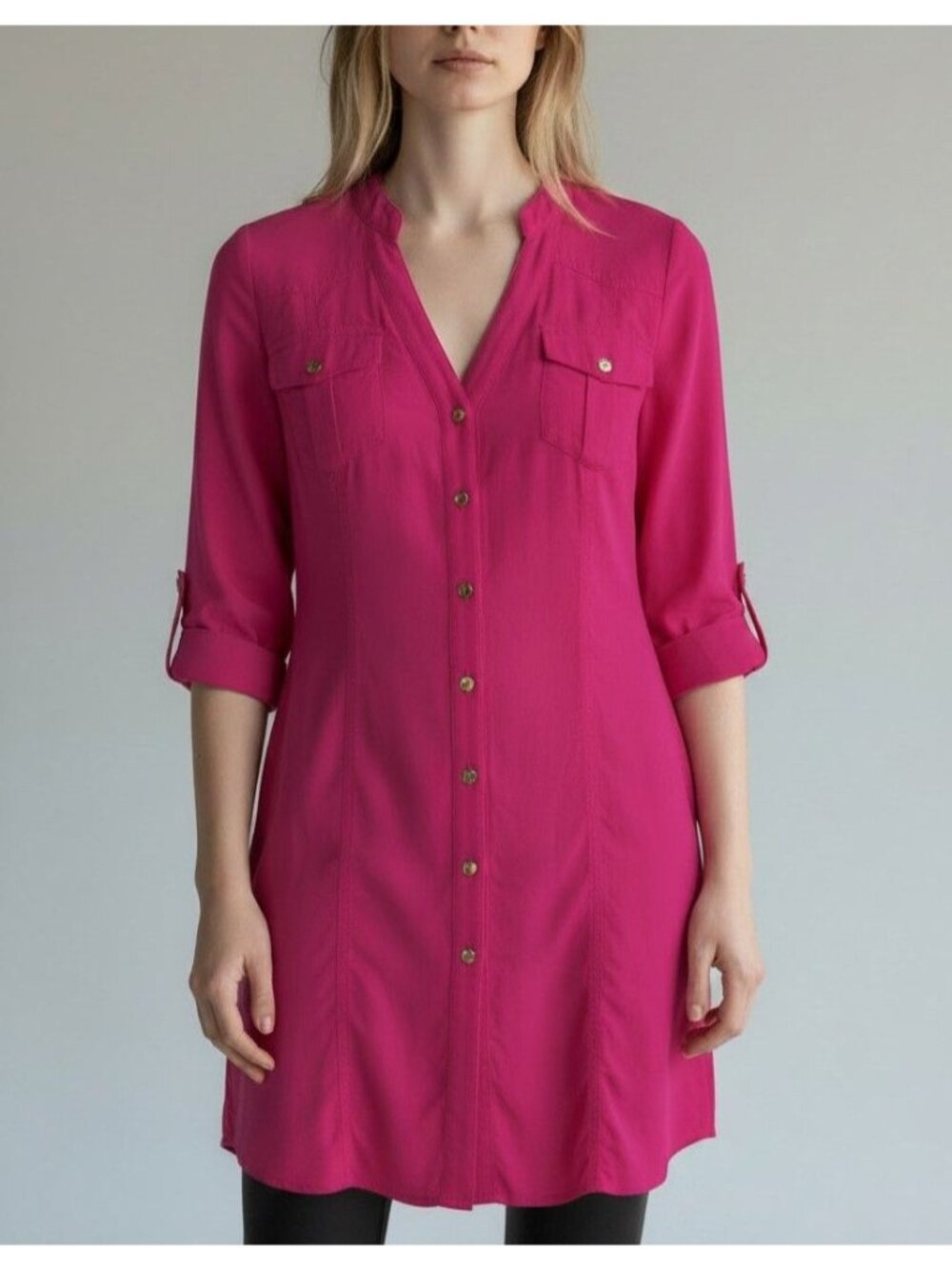 Guess Women's Size S Pink Tunic Shirt Dress 3/4 Sleeve Button Up Pockets